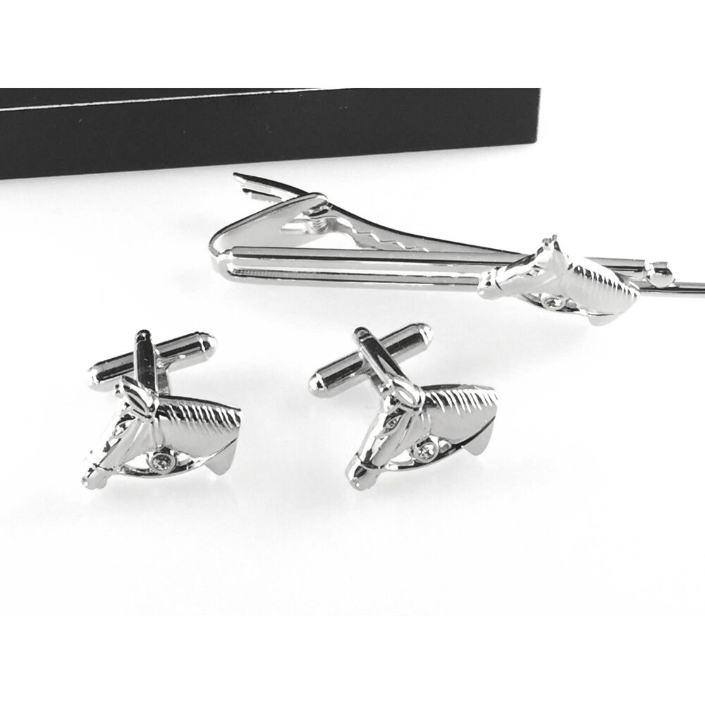 Horse Head Silver-Tone Cufflinks & Tie Clip Gift Set